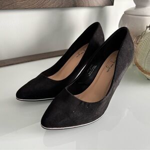 Black Suede Pointed-Toe Heels with Silver Trim